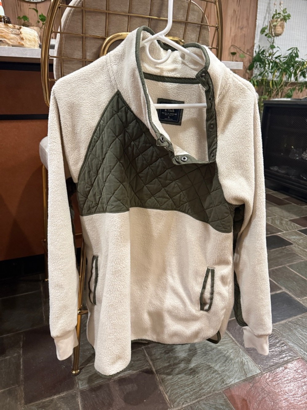 Abercrombie & Fitch Cream Teddy Pullover with Olive Quilted Yoke